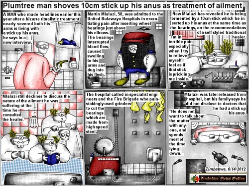Cartoon: stick treatment (medium) by bob schroeder tagged ritual,treatment,interview,hospital,pain,blood,flesh,stick,anus,healer,ailment,fire,brigade,doctor