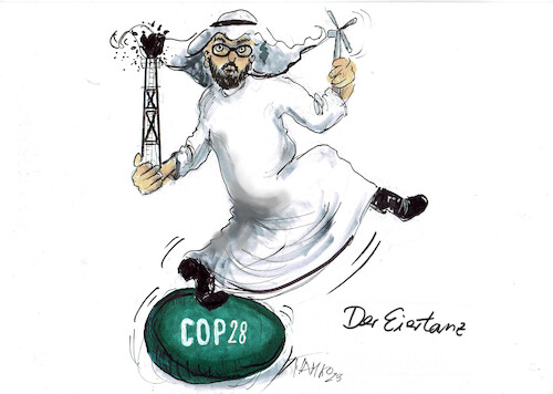 Cartoon: Al-Dschaber (medium) by Skowronek tagged dop28,weltkimakonferenz,öl,gas,al,dschaber,kohle,skowronek,karikatur,windenergie,solarenergie,windräder,erneuerbare,energie