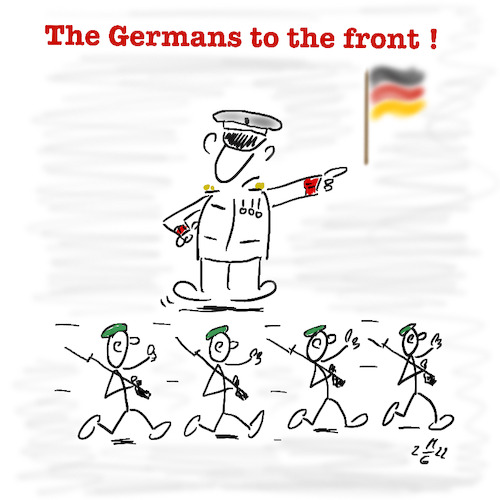 Cartoon: Germans to the front (medium) by legriffeur tagged deutschland,bundeswehr,litauen,russland,ukraine,krieg,aussenpolitik,verteidigungsministerin,verteidigung,legriffeur61