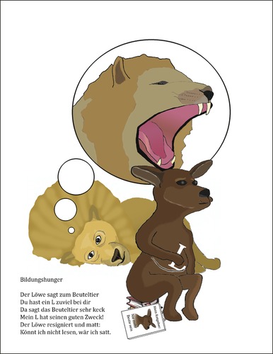 Cartoon: Bildungshunger (medium) by gege tagged hunger,analphabetismus,beuteltier,löwe,tiere,tier,lesen,bildung