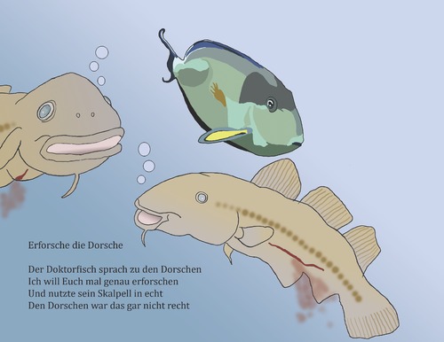 Cartoon: Erforsche die Dorsche (medium) by gege tagged skalpell,see,meer,dorsche,dorsch,doktorfisch,fische,fisch,tiere,tier