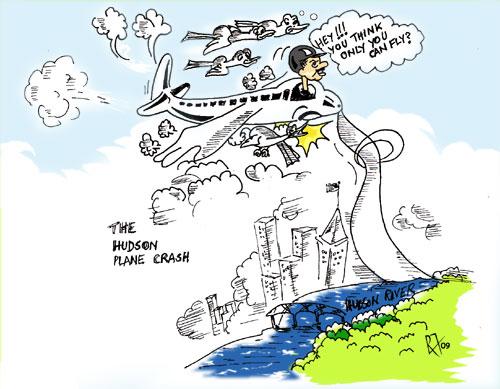 Cartoon: Hudson River Plane Crash (medium) by cindyteres tagged aircraft,airplane,plane,crash,accident,politics,nyc,hudson,cartoon,caricature,comic,humour,drawing,sketch,remy,francis