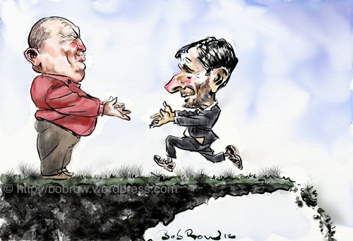 Cartoon: Ahmadinejad tours Latin America (medium) by Bob Row tagged ahmadinejad,chavez,iran,venezuela,cia,imperialism