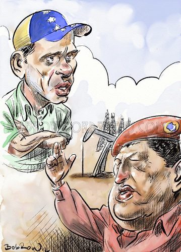 Cartoon: Capriles-Chavez (medium) by Bob Row tagged venezuela,elections,chavez,capriles,oil