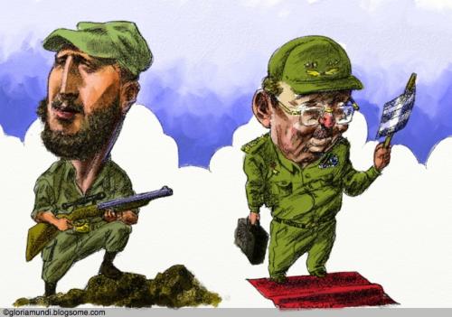 Cartoon: Castro bros. 50 years apart (medium) by Bob Row tagged cuba,castro,fidel,raul
