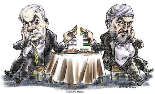 Cartoon: Netanyahu_Mashal (medium) by Bob Row tagged nethanyahu,mashal,israel,palestina,war,peace,middleeast