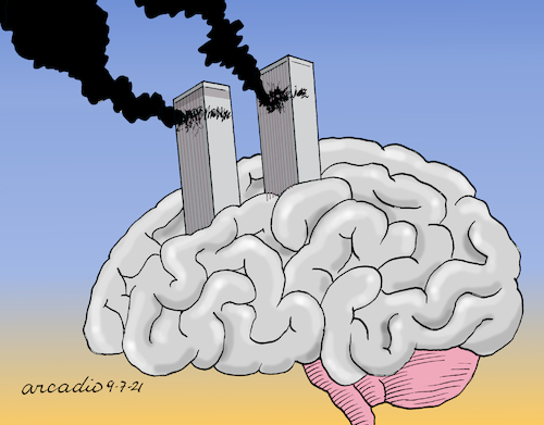 Cartoon: 9-11 indelible memory. (medium) by Cartoonarcadio tagged terrorism,osama,bin,laden,twin,towers,usa,violence