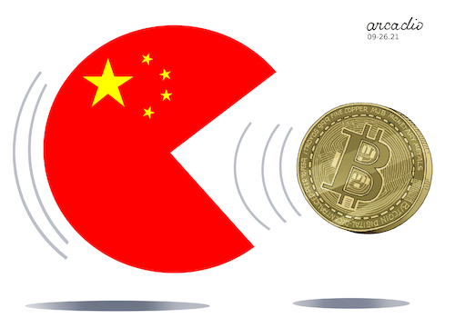 Cartoon: China says NO to Bitcoin. (medium) by Cartoonarcadio tagged bitcoin,china,money,currency,economy,asia