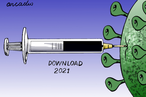 Cartoon: Download 2021 (medium) by Cartoonarcadio tagged pandemic,coronavirus,health,vaccine