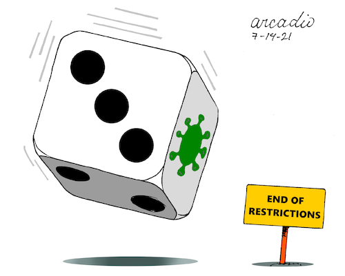 Cartoon: End of restrictions. (medium) by Cartoonarcadio tagged pandemic,restrictions,quarantine,health,covid,19
