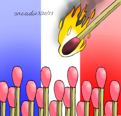 Cartoon: France about to light up. (medium) by Cartoonarcadio tagged france,protests,economy,pensions