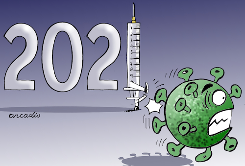 Cartoon: Get out Covid. (medium) by Cartoonarcadio tagged covid,19,pandemic,new,year,2021,coronavirus