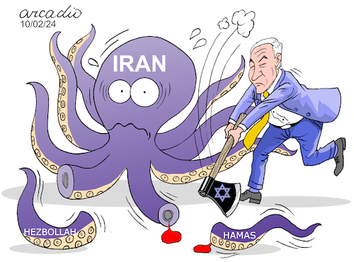 Cartoon: Israel cuts off Iran terrorist (medium) by Cartoonarcadio tagged war,iran,israel,hamas