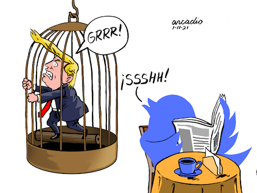 Cartoon: No more social nets. (medium) by Cartoonarcadio tagged trump,twitter,social,nets,washington,us,president