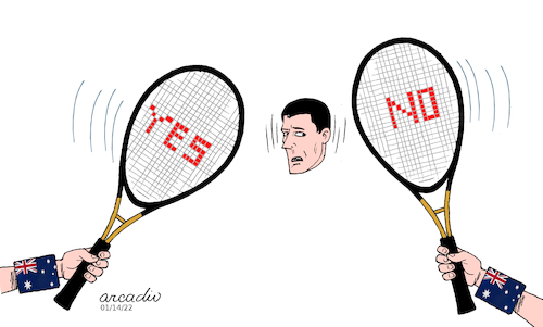 Cartoon: Novak dilemma. (medium) by Cartoonarcadio tagged novak,australia,tennis,sports,covid,19,vaccine