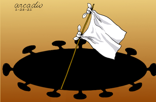 Cartoon: Pandemic does not give truce (medium) by Cartoonarcadio tagged pandemic,coronavirus,health,white,flag