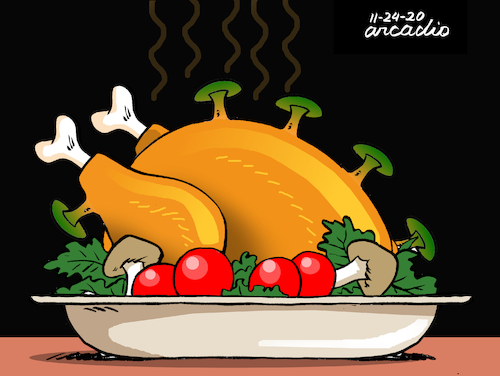 Cartoon: Thanksgiving day in US. (medium) by Cartoonarcadio tagged thanksgiving,day,hollyday,america,pandemic,covid,19