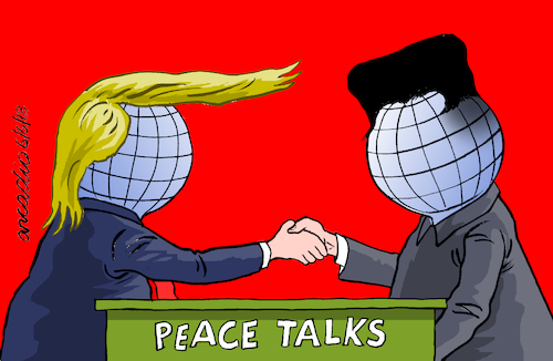 Cartoon: Trump in a meeting of worlds. (medium) by Cartoonarcadio tagged trump,kim,asia,america,north,korea,usa
