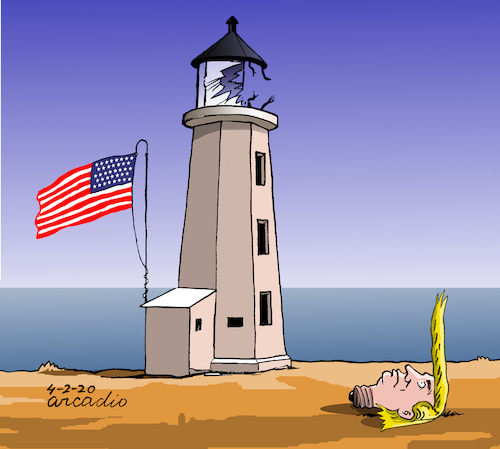 Cartoon: US lighthouse. (medium) by Cartoonarcadio tagged trump,cpovid,19,coronavirus,usa