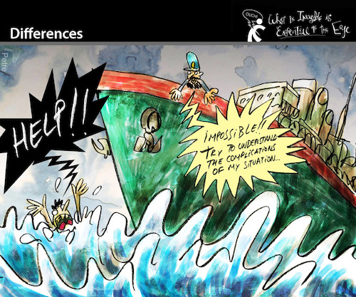 Cartoon: Differences (medium) by PETRE tagged selfishness,help,solidarity,shipwreck