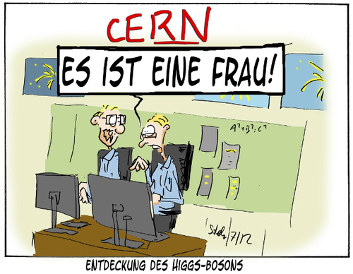 Cartoon: Entdeckung des Higgs Bosons (medium) by Matthias Stehr tagged cern,gott,physik,boson