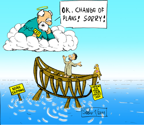 Cartoon: OK change of plans Sorry (medium) by Matthias Stehr tagged ceo,noah,arche,ark,communication,god