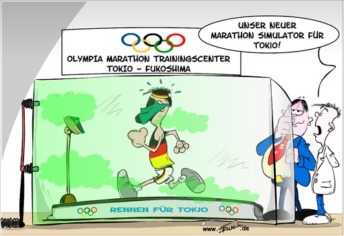 Cartoon: Marathon  Trainingslager (medium) by Trumix tagged tokio,trainingslager,olympia,fukushima,ioc,strahlung,abfall,radioaktivität,olympia,trainingslager,tokio,fukushima,ioc,strahlung,abfall,radioaktivität,trainingscenter,simulator,läufer,marathon