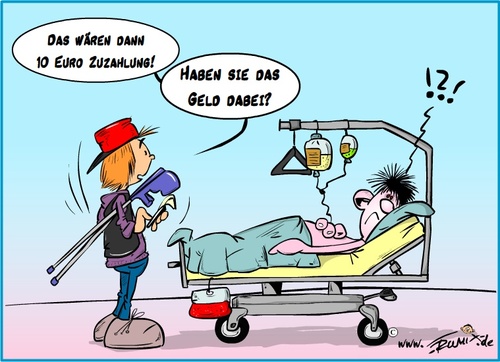 Cartoon: Neues aus der Klinik III (medium) by Trumix tagged klinik,zuzahlung,krankenhaus,kosten,reha,hüfte,krücken