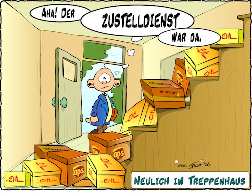 Cartoon: Neulich im Treppenhaus (medium) by Trumix tagged amazon,bringdienst,dhl,internet,onlinebestellung,trummix,ups,zustelldienst,zustellservice