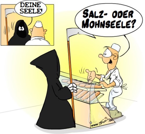 Cartoon: Seelenverkäufer (medium) by Trumix tagged brot,brötchen,bäckerei,gebäck,seele,tod,trummix