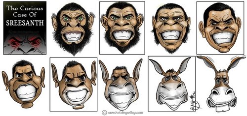 Cartoon: Many faces of shreeshant (medium) by crowpoint tagged ipl,kerla,sreeshanth,fixing,bcci,cricket,india,spot