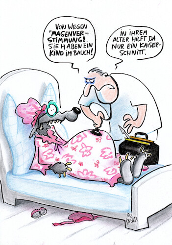 Cartoon: magenverstimmung (medium) by Petra Kaster tagged gesundheit,medizin,geburt,schwangerschaft,märchen,rotkäppchen,arzt,wölfe,gesundheit,medizin,geburt,schwangerschaft,märchen,rotkäppchen,arzt,wölfe