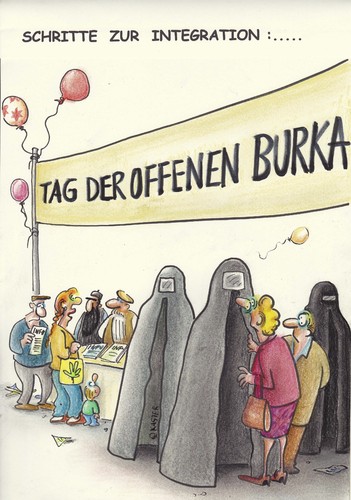 Cartoon: schritte zur integration (medium) by Petra Kaster tagged burka,integration,frauen,marketing,religionen,islam,tolernaz,burka,integration,frauen,marketing,religionen,islam,toleranz