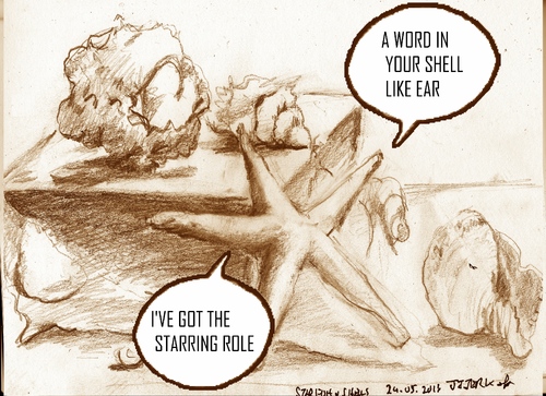 Cartoon: A word in your shell like ear (medium) by jjjerk tagged shell,starfish,cartoon,caricature,ear,drawing,irish,ireland,still,life