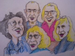 Cartoon: bookstore (medium) by jjjerk tagged four,women,one,man,blue,bookstore,red,scarf,glasses,blonde,smiles
