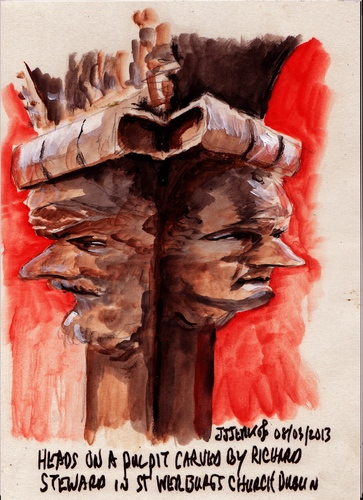 Cartoon: Carved heads on a pulpit (medium) by jjjerk tagged red,caricture,cartoon,irish,ireland,dublin,st,pulpit,books,book,church,werburgh