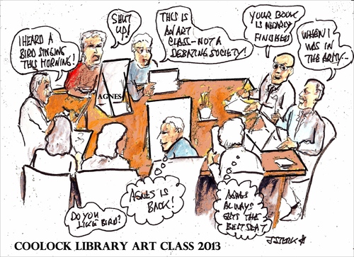 Cartoon: Coolock Library art class 2013 (medium) by jjjerk tagged coolock,library,art,group,ireland,irish,cartoon,caricature,artist,painter,drawing,table,debate,agnes,president