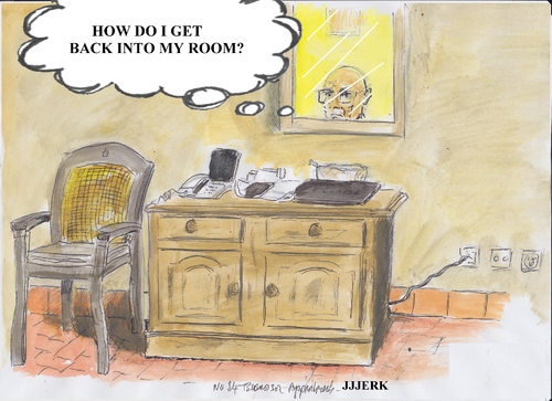 Cartoon: How do I get back into my room? (medium) by jjjerk tagged spain,jjjerk,room,spanish,hotel,tiles,mirror,cartoon,caricature