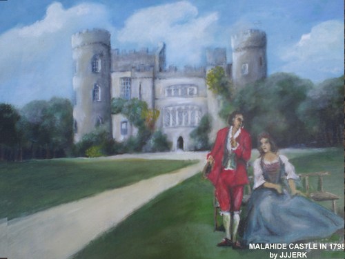 Cartoon: Malahide Castle (medium) by jjjerk tagged rebellion,irish,ireland,dublin,castle,malahide,red,cartoon,couple,green,blue,caricature