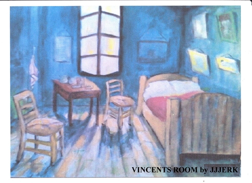 Cartoon: Vincents room (medium) by jjjerk tagged vincent,van,gogh,room,window,chair,bed,cartoon,caricature,interior,red,blue