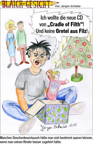 Cartoon: Cradle of Filth (medium) by Scheibe tagged cradle,of,filth,weihnachtsgeschenk,kind,eltern,christbaum,missverständnis,jugendsprache,teenager