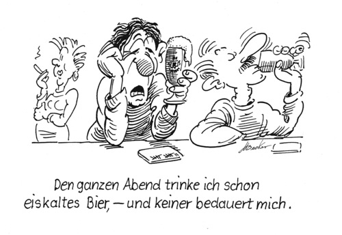 Cartoon: Eiskaltes Bier (medium) by Michael Becker tagged karikaturen,trost,bedauern,saufen,trinken,besoffen,betrinken,kneipe,bier