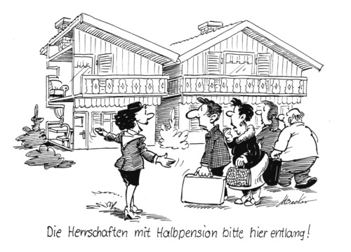Cartoon: Halbpension (medium) by Michael Becker tagged halbpension,urlaubsgruppe,haushälfte,reiseleitung,missverständnis