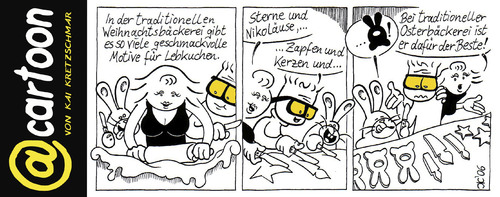 Cartoon: Weihnachtsbäckerei (medium) by kunstkai tagged weihnachtsbäckerei,weihnachten,backen,lebkuchen,osterhase,etcar,cartoon,etcartoon,kunstkai,kerzen,weihnachtsbaum,stern,weihnachtsstern,fest,liebe,teig,kuchen,küche,weihnachtsmann,nikolaus