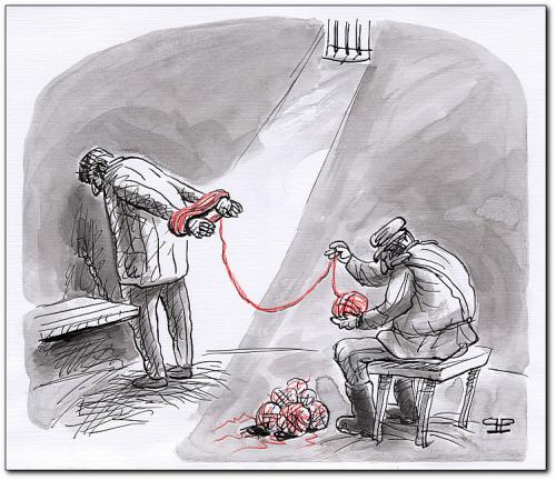 Cartoon: collaboration (medium) by penapai tagged prison,gefängnis,knast,gefangene,kriminalität,zelle,handschellen,wolle,stricken,hausarbeit,zusammenarbeit,aufseher