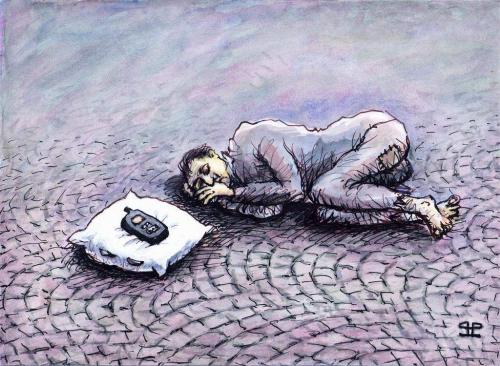 Cartoon: good night (medium) by penapai tagged call,man,mobilphone,pillow,obdachloser,penner,schlafen,kopfkissen,handy,telefon,technik,priorität,pflasterstein
