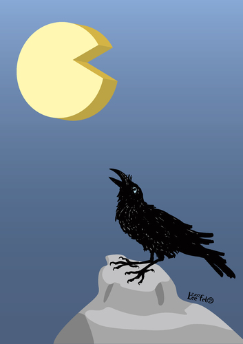 Cartoon: Full cheese (medium) by LeeFelo tagged feather,stone,rock,hungry,black,moon,full,howling,cheese,raven