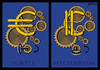 Cartoon: The Euro subtle mechanism (small) by LeeFelo tagged euro,subtle,mechanism,100,times,less,crises,financial,key,turn,economic,cogwheel,gear