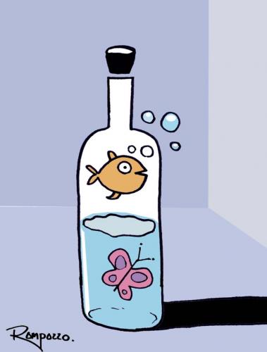 Cartoon: Freedon in a bottle (medium) by Marcelo Rampazzo tagged freedon,in,bottle,freiheit,flasche,gefangenschaft,gefangen,eingesperrt,schmetterling,wasser,luft,sauerstoff,verkehrt,tiere,fisch