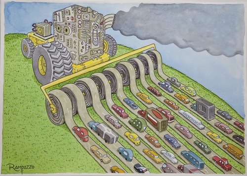 Cartoon: Traffic 2 (medium) by Marcelo Rampazzo tagged traffic,verkehr,straßenverkehr,umwelt,natur,umweltverschmutzung,wiese,straßen,bau,bauen,ausbreitung,zerstörung,umweltschutz,naturschutz